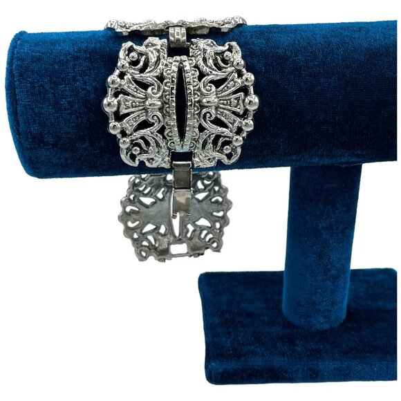 Vintage Silver Tone Filigree Bracelet Ornate Design Statement Jewelry Piece - Picture 5 of 5